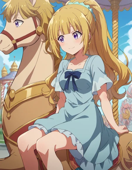 score_9, score_8_up, score_7_up, source_anime, <lora:kei-karuizawa-anime-s2-ponyxl-lora-nochekaiser:1>, kei karuizawa, long hair, bangs, blunt bangs, purple eyes, blonde hair, hair ornament, ponytail, scrunchie, blue scrunchie, medium breasts,, <lora:carousel-ponyxl-lora-nochekaiser:1>, carousel, sitting, riding,, blush, smile, casual dress, solo,,