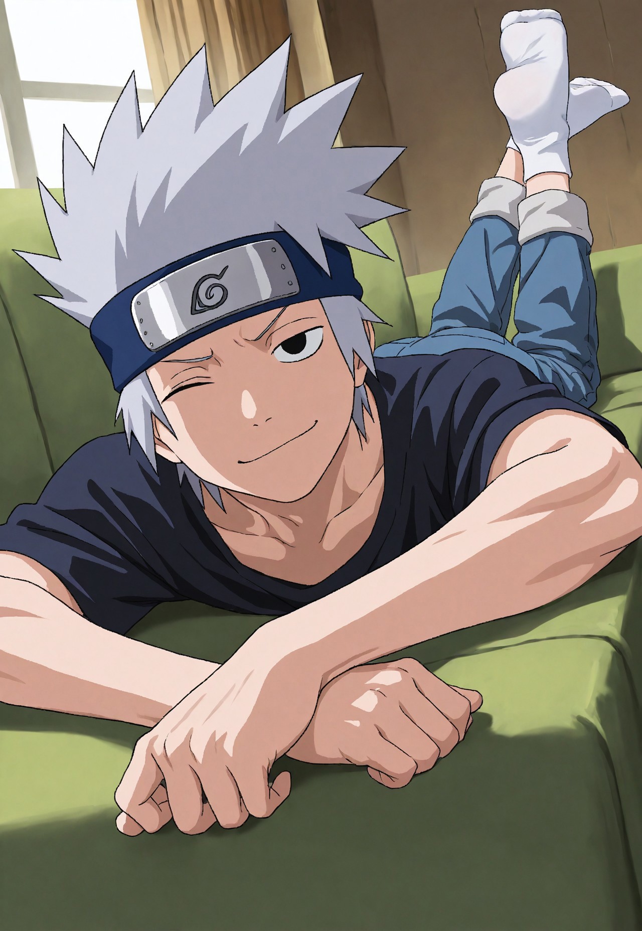masterpiece, best quality, amazing quality, very aesthetic, absurdres, newest, detailed background, 1boy, solo, male focus, fbKakashi, skinny, muscular, grey hair, black eyes, one eye closed, messy hair, t-shirt, jeans, white ankle socks, no shoes, forehead protector, konohagakure symbol, lying down, on couch, feet up, smug, three quarter view, bedroom