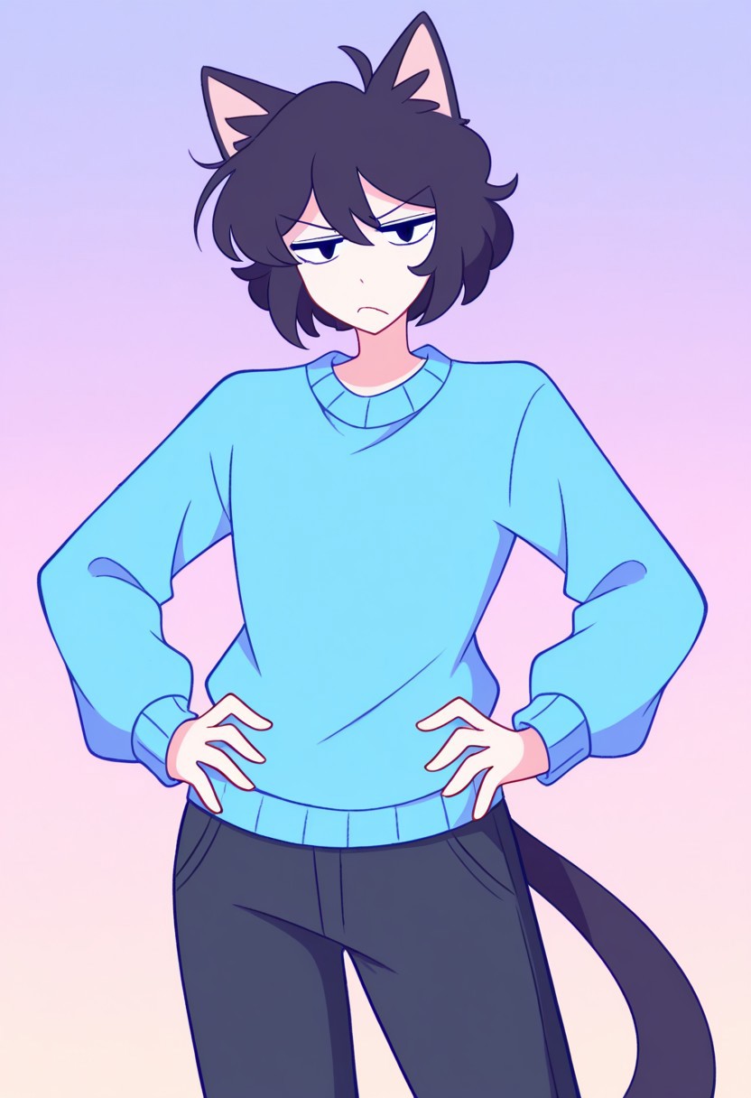 masterpiece, best quality, highres, amaruu, pastel colors, BREAK, 1boy, solo, black eyes, black hair, short hair, cat ears, blue sweater, black pants, cat tail, annoyed, looking at viewer, furrowed brow, frown, hands on hips, standing, cowboy shot