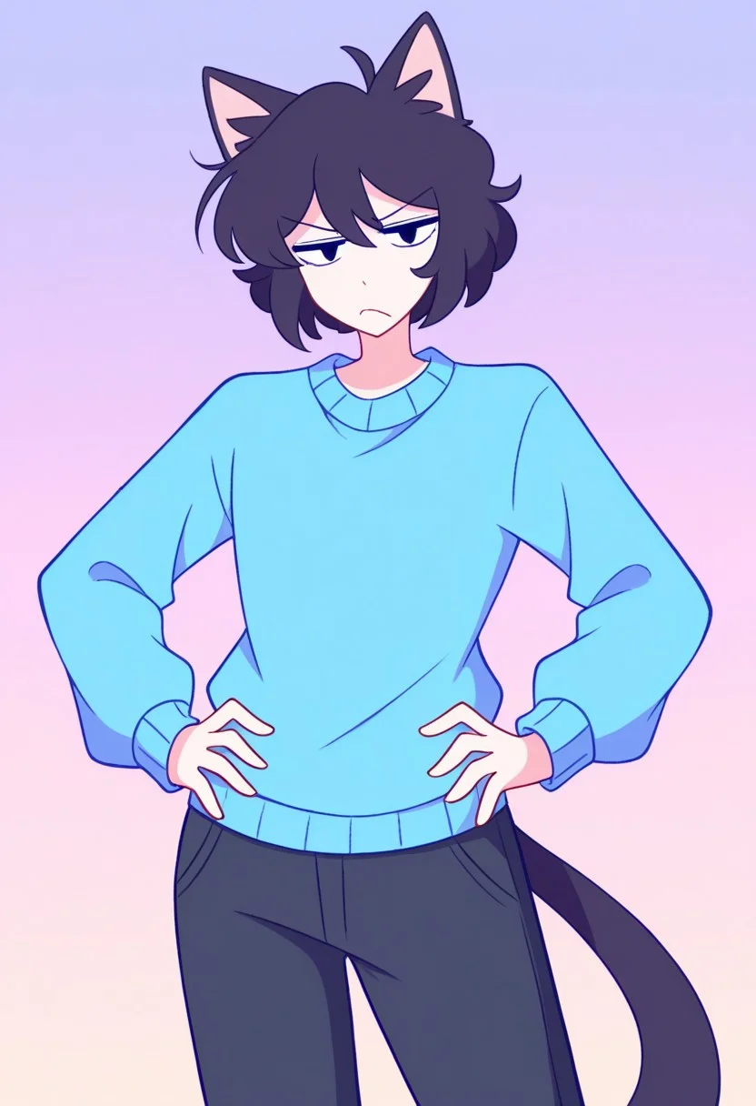 masterpiece, best quality, highres, amaruu, pastel colors, BREAK, 1boy, solo, black eyes, black hair, short hair, cat ears, blue sweater, black pants, cat tail, annoyed, looking at viewer, furrowed brow, frown, hands on hips, standing, cowboy shot