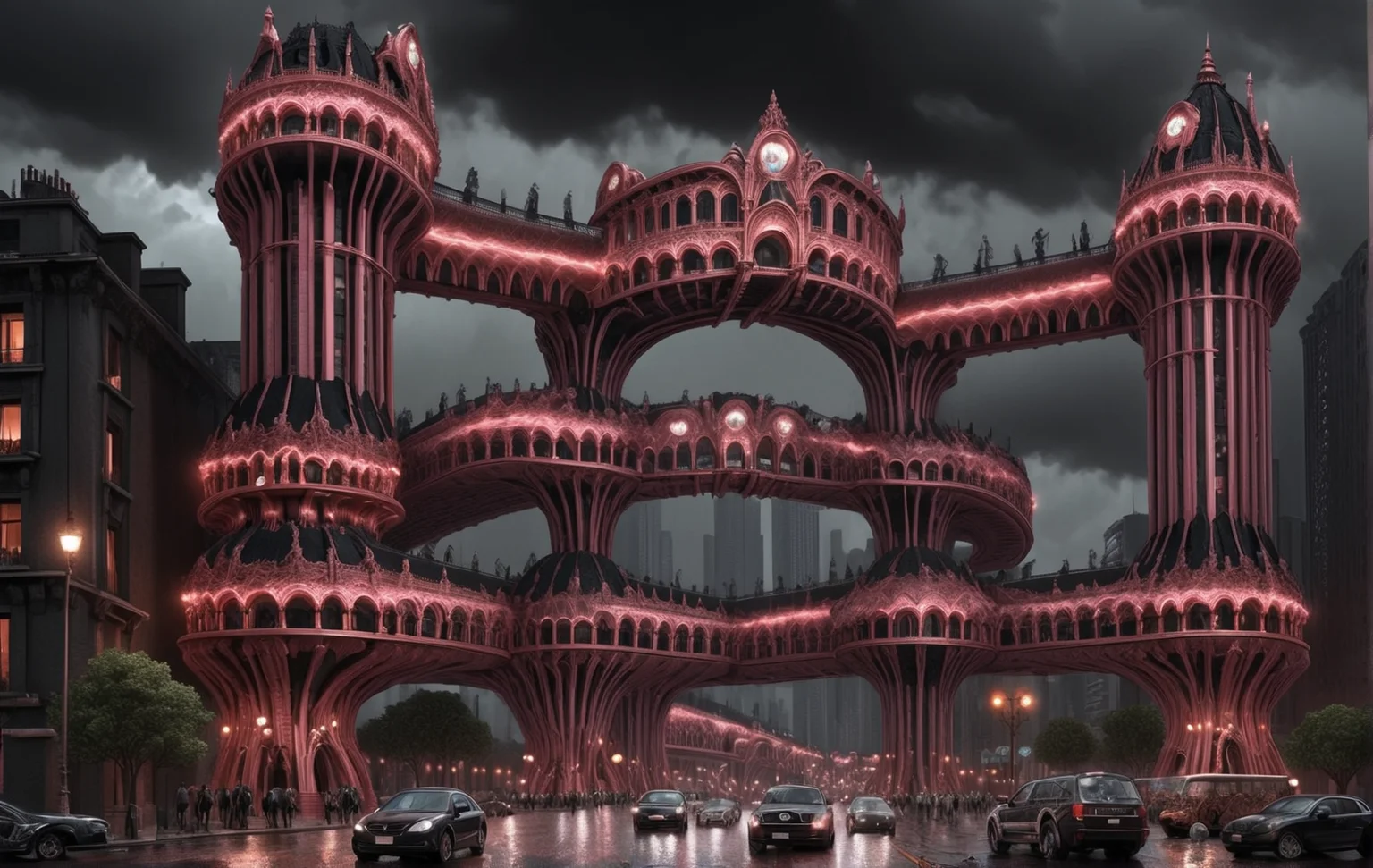 bridcity, It's dark, so dark, I look sitting on some part of this megalopolis, I look at these immense and black buildings, these dark red lights weakly illuminating the streets, the passers-by, the shops, I look at this maze of bridges nested one on top of the other, this chaos impresses me and panics me, I look at other people who like me ... look too, I don't know anything about this place but I was born there, I lived there all my life but it's too big, excessive, endless. There is only one thing I understood, the soul of this megalopolis is darker than mine. hdr, bridges between buildings, bridge's buildings, street, sign, floor lamp, ground vehicles, car, crowded, city ââlandscape, very intricate buildings, neo gothic skyscraper, very high bridge, black and rose gold tones, dark atmosperen, by night, cloudy, rainy, storm, lightening, 8k masterpiece, intricate details, deep of fields <lora:Bridges-city:1.4> <lora:Add_Details_v1.2:1.9> <lora:jianzhu:1> <lora:AARG_aerial:1> <lora:City_Worlds_01_Effects:1.9> <lora:EnvyElvishArchitectureXL01:1.1> <lora:lora-oop.000009.TA_trained (1):1.9> <lora:PAseerCloudV1:1> <lora:Sci-fi_env_flux:1.9>
