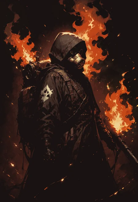 masked, gaz mask, cape, hood, gaz red tank on the back, holding flamethrower weapon, flames trails, side view, dark background, black background, cowboy shot, goggles, embers, masterpiece, best quality, very aesthetic, absurdres, fire background, wrapped in flames, <lora:d4rk01lXLP:0.75> d4rk01l