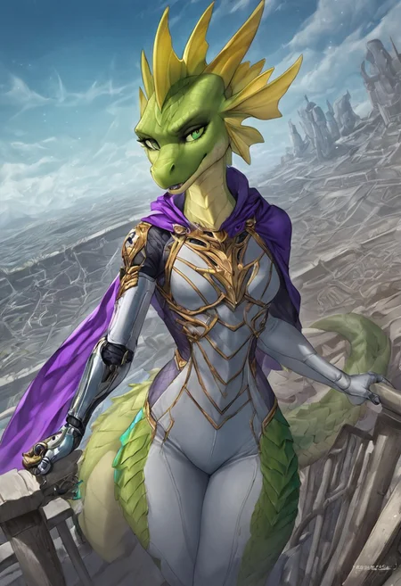 score_9, score_8_up, score_7_up, source_cartoon, SFW, ((anthropomorphic dragon)), female, source_furry, ((Oneprostethicarmright, prosthetic right forearm)):1.4, (1woman, anthro dragon), (((bright green scales, two toned green body scales, glossy scales))), purple irises, extremely detailed, large nostrils, full seductive lower lip,  extremely detailed, ((very large head fins)):1.3, (((one tall blue head spike, yellow back spikes))), detailed body scales, strong athletic body, small athletic breasts, toned arms, toned legs, long tail, feminine body, extreme detailed, thin waist, wide hips, (((silver plugsuit))), sci-fi, Parted lips, seductive expression, outside, resting against railing, sunny day, ((masterpiece)) (dynamic lighting:1.1) ((masterpiece)) godrays , (dynamic battle), (action pose) (explosions in the background), holding a Katana, very heroic, wearing purple cape on her back, space station, battlefield, white and silver plugsuit, detailed sci-fi background, extreme detailed, ( (dynamic lighting:1.1) ((masterpiece)) (dynamic lighting:1.1) ((masterpiece)) godrays, (highly detailed:1.2), (intricate:1.2), (best quality:1.2),(8k:1.2), (sharp:1.2), (majestic:1.2), natural lighting, detail++,