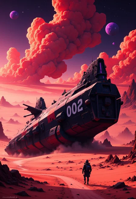anime, DreamArt, Detailed, ultra realistic, palete of a picture is red black and purple, dim colors, landscape, crashing site of a futuristic aircraft in a bright red desert, square shaped mostly sharp angles design, rusty, detailed aircraft, huge sense of scale, badly damaged black and red ship with huge written number on it: "002" white lines, whole scene covered in dust, great view of a alien sky, black skies with purple planets and red beautiful clouds, smooth sharp,