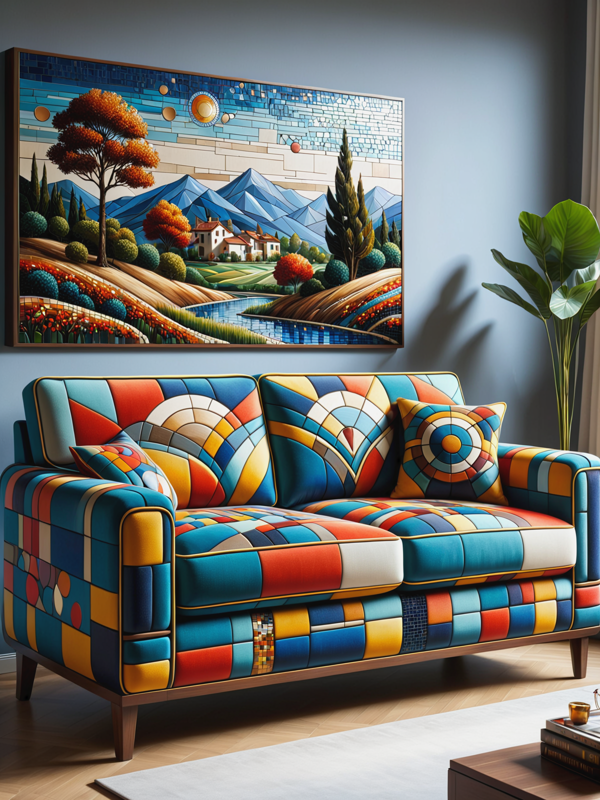 mad_colorful_mosaic sofa, painting of a landscape, living room <lora:Colorful_Mosaic_SDXL:0.5>, (masterpiece:1.2), best quality