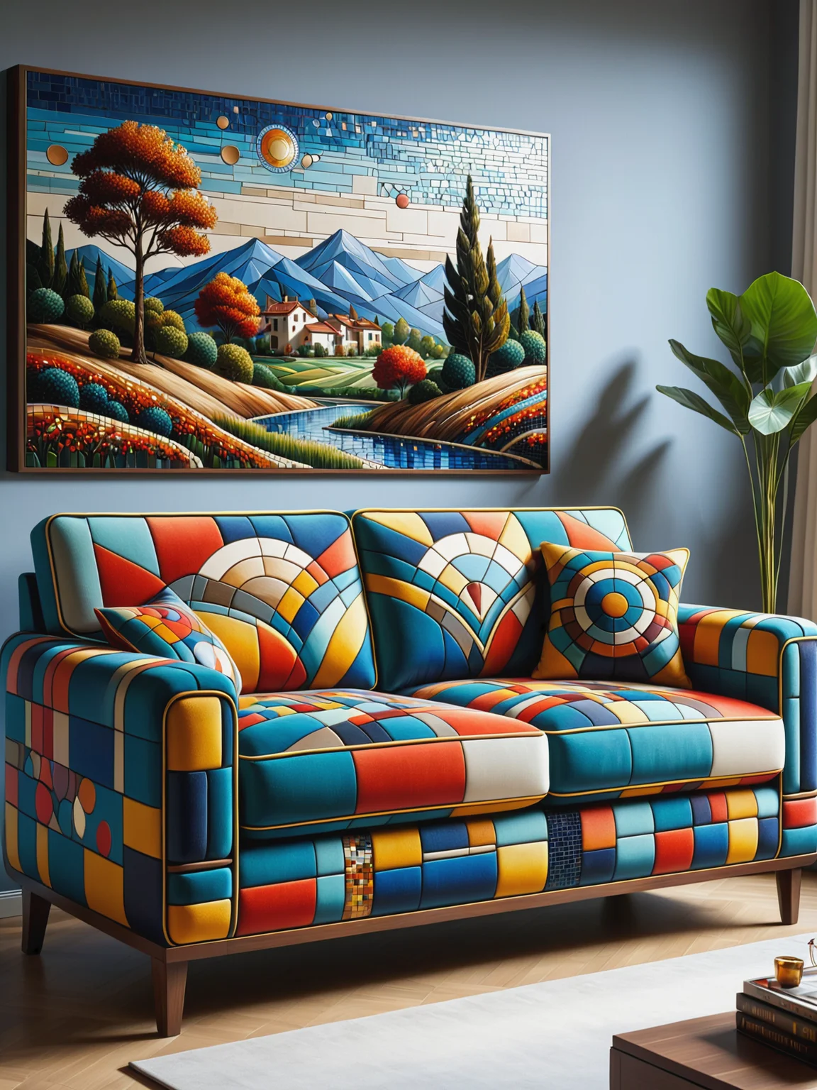 mad_colorful_mosaic sofa, painting of a landscape, living room <lora:Colorful_Mosaic_SDXL:0.5>, (masterpiece:1.2), best quality