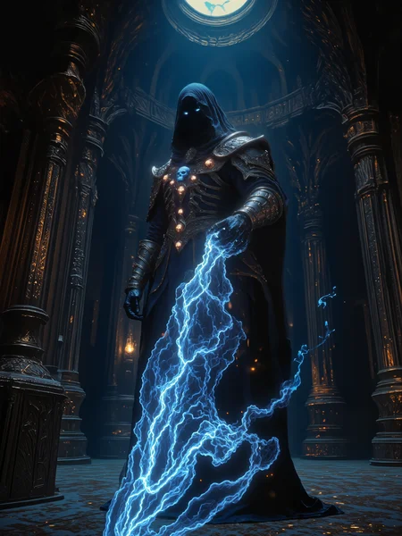 photorealistic, highly detailed, intricate, fractal, iridescence, low angle view, from below, 8k, 4k, masterwork digital illustration depicting a towering, hooded lich in ornate armor with eyes glowing with bright blue fire, he is wielding a long and elegant symmetrical greatsword made of azure fire, the scene is set in an ancient castle's shimmering marble grand hall, dimly lit by moonlight coming through the ceiling, front view, dimly lit, bokeh, r3alisticf, ne0nfant4sy, midjourney_whisper_avant_couture
<lora:style-mythic_fantasy-realistic-flux-by_velvets:0.8> 
<lora:style-neon_fantasy-flux-by_neowave:0.8> 
<lora:epic_gorgeous_details-balance-flux-by_flyway:0.8> 
<lora:style-midjourney_lucid_dreams-flux-by_kawaiikitsuneai:0.16> 
<lora:midjourney_whisper_avant_couture-flux-by_aihonobono2023:0.8>