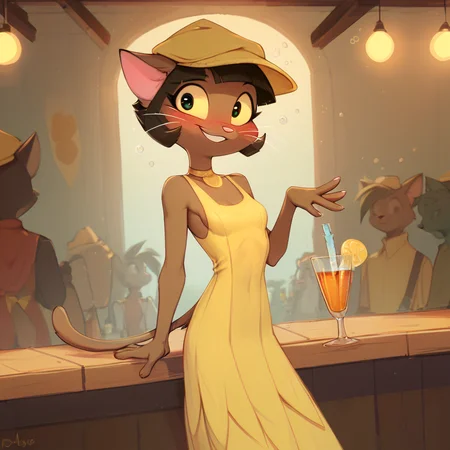 score_9, score_8_up, score_7_up, score_6_up, score_5_up, score_4_up, score_9, score_8_up, low light, solo, 1girl, ovypep, petite, slender, dark skin, anthro cat, whiskers, small ears, slender tail, cute face, yellow dress from the 20's, big yellow cloche hat with feather, drinking at the bar, looking at you drunk, drunk eye, drunk face, sexy smile, exposing one boob, crowded, busy bar, <lora:Ivypepper:1><lora:xl_more_art-full_v1:1> <lora:more_details:1> <lora:Photo 2 Style SDXL_LoRA_Pony Diffusion V6 XL:1> <lora:ugly_style:-1>