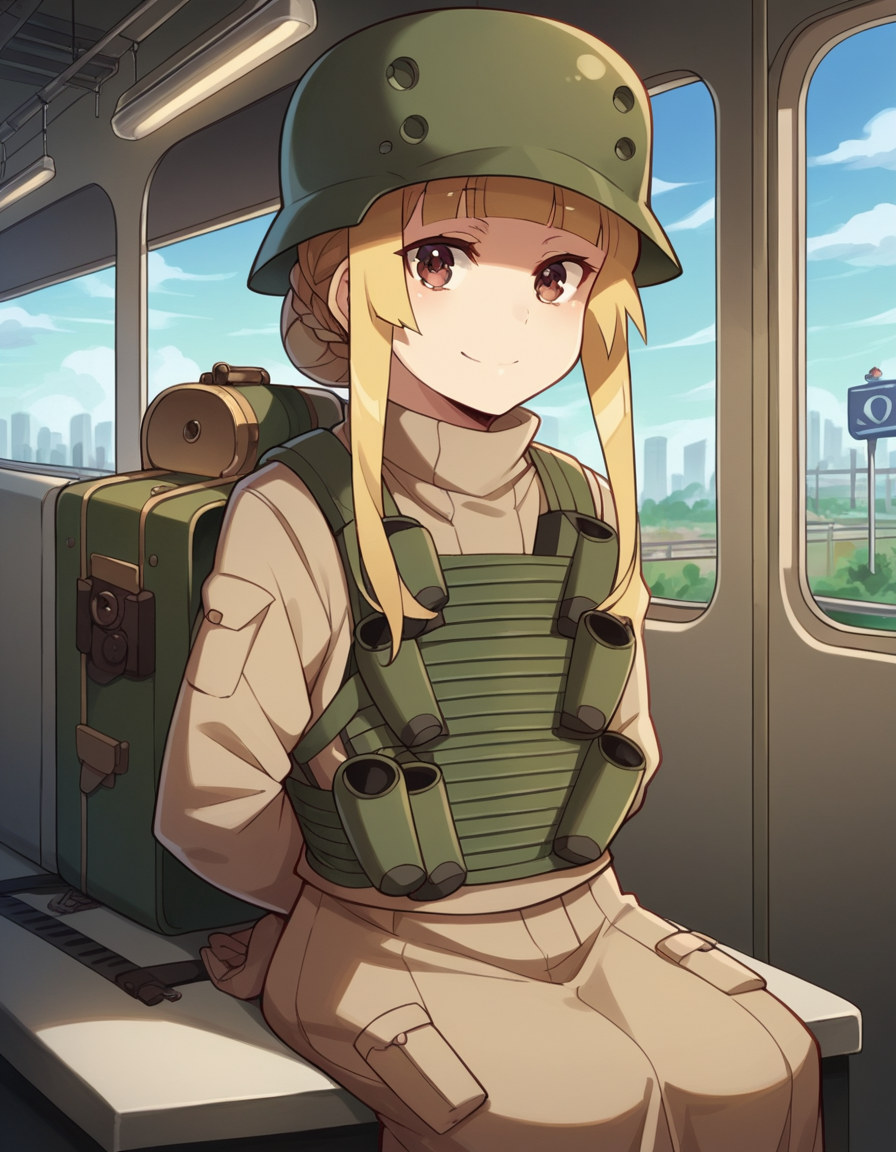score_9, score_8_up, score_7_up, source_anime, <lora:fukaziroh-s1-ponyxl-lora-nochekaiser:1>, fukaziroh, blonde hair, brown eyes, braid, hair bun, single hair bun,, uniform, military, military uniform, helmet, load bearing vest, train station, waiting for train, suitcase, traveling, commute, city skyline, hands behind back,, smile, looking at viewer, sitting, elbow rest, table,, solo,, cowboy shot, dutch angle,