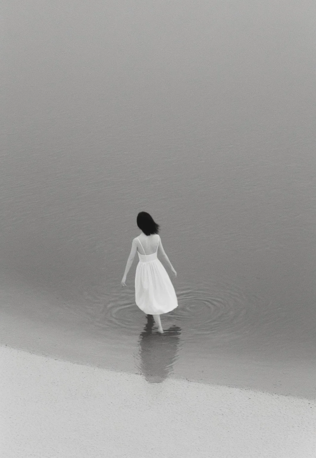 Girl Walking on the water wearing white dress, Completely White background, abstract, surreal, Soft diffused lighting, grayscale, Monochromatic, Black and White, Muted Tones, Minimalist, Ethereal, Leica MP, Leica Noctilux 50mm f0.95 Lens, Kodak Tri-X 400 Film, 35mm Film, Film Grain, Film halation