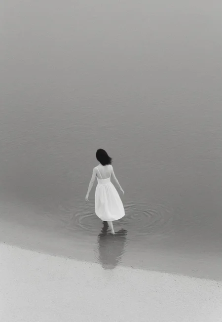 Girl Walking on the water wearing white dress, Completely White background, abstract, surreal, Soft diffused lighting, grayscale, Monochromatic, Black and White, Muted Tones, Minimalist, Ethereal, Leica MP, Leica Noctilux 50mm f0.95 Lens, Kodak Tri-X 400 Film, 35mm Film, Film Grain, Film halation
