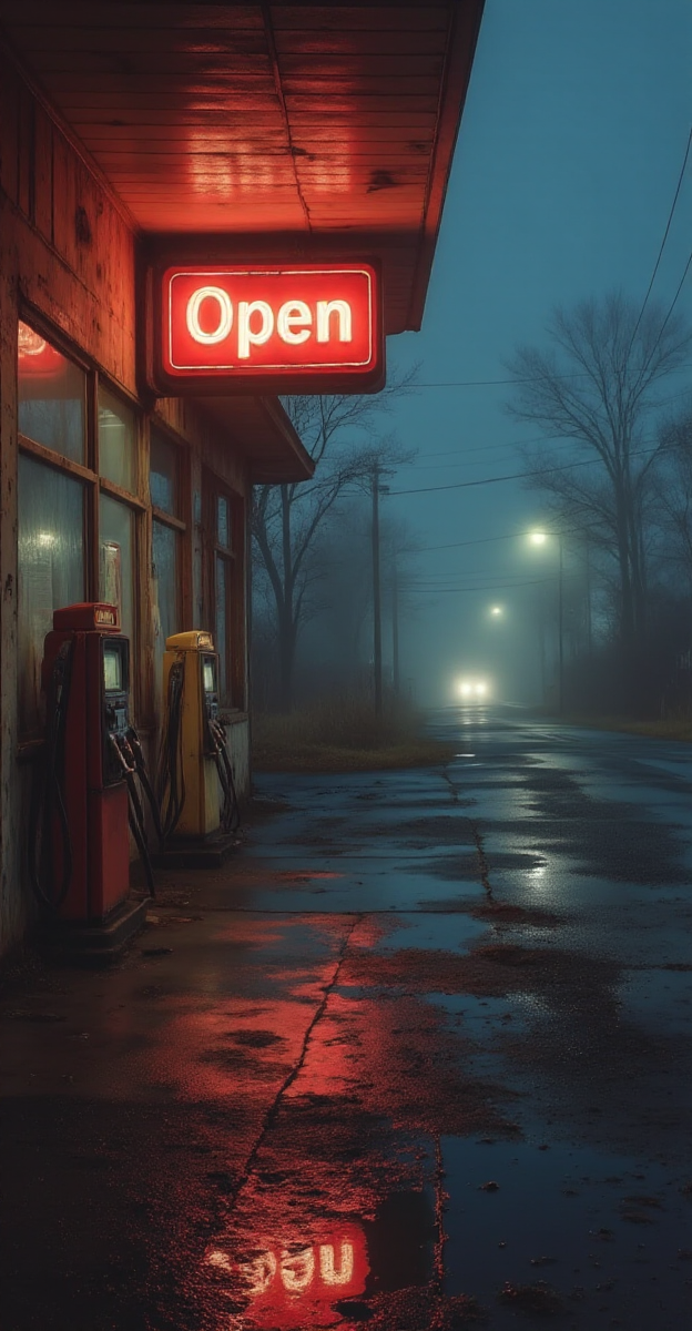 A lonely gas station stands under a flickering red neon "Open" sign, its glow reflecting in puddles on the cracked pavement. Two rusted gas pumps sit motionless, hoses curling like dead vines. The storeâs glass door is smeared with grime, revealing empty shelves inside. Beyond the station, a fog-covered road stretches into the unknown, a pair of headlights glowing faintly in the distance, never moving, never arriving. The night is silent, save for the hum of an unseen power line, as if the world has been abandoned, frozen in an endless moment.
<lora:Liminal-Space-Flux:1>