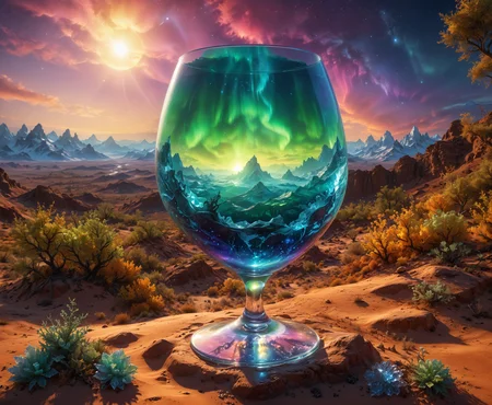 Terragen, Close-up Wineglass containing a whole universe of fantasy with a (frozen forest and even a Aurora) in it on a pedestal in an arid desert) . colorful ((fauna)) in wineglass . photo realistic, high details, 8k, HDR, volumetric lighting, ((multi-colored artistic lighting)), vibrant shades, sun shafts, best quality . hot dead desert outline the weinglass, morph-aurora, beautiful massive landscape, epic scenery, Terragen
