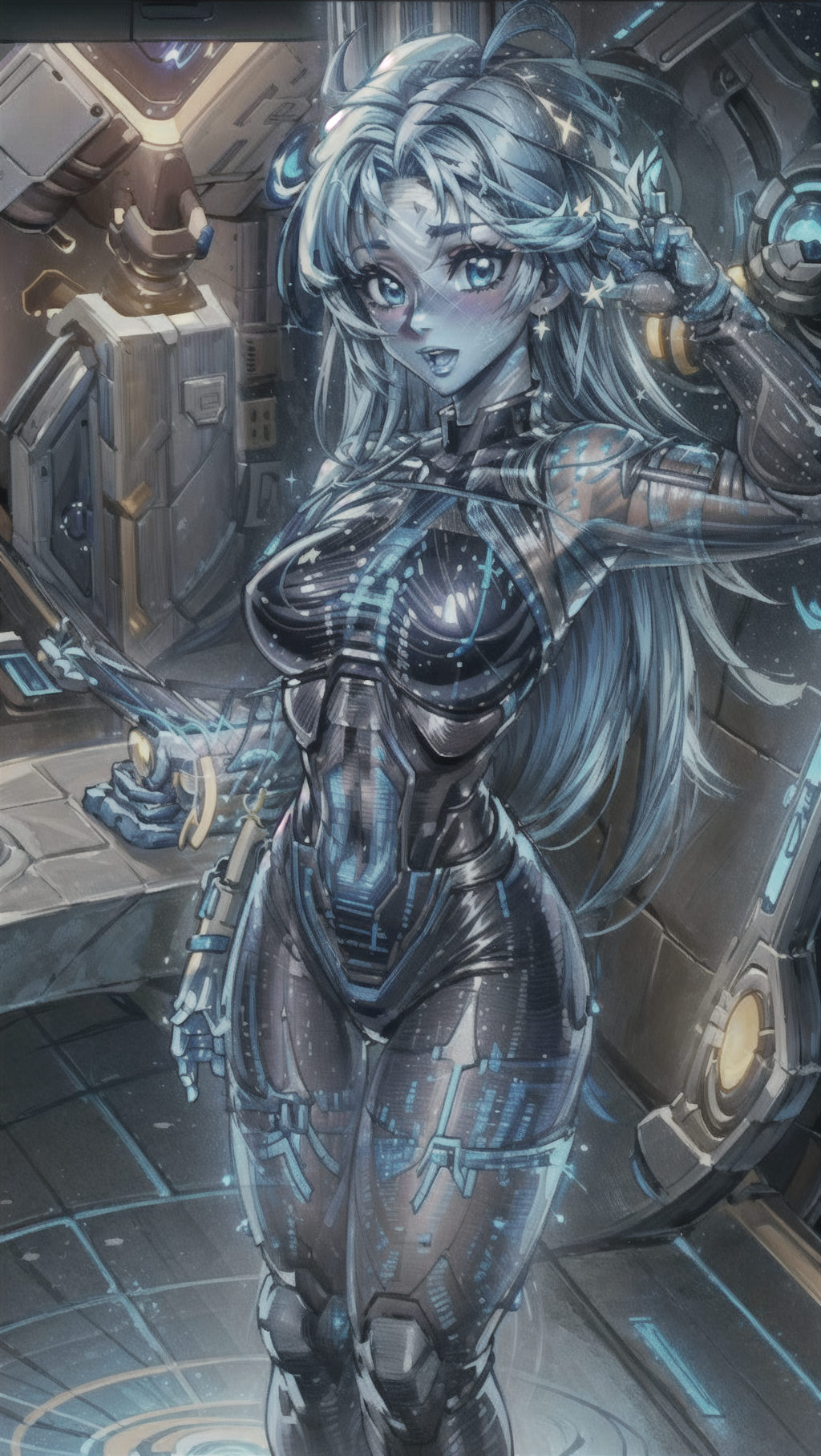 masterpiece,  (1girl, cortana), holographic clothing, (((HologramCzar, translucent, translucent skin, blue skin))), BREAK, <lora:translucent_skin:1>
space station,  <lora:Hologram:1> <lora:cortana_xl_v1:1> <lora:add_detail:1>, masterpiece, best quality, hyperrealistic, extremely detailed, highly quality, 4k, sharp focus, professional photograph, sharp focus, award winning, cinematic lighting, octane render, unreal engine, volumetrics dtx, Wallpaper,