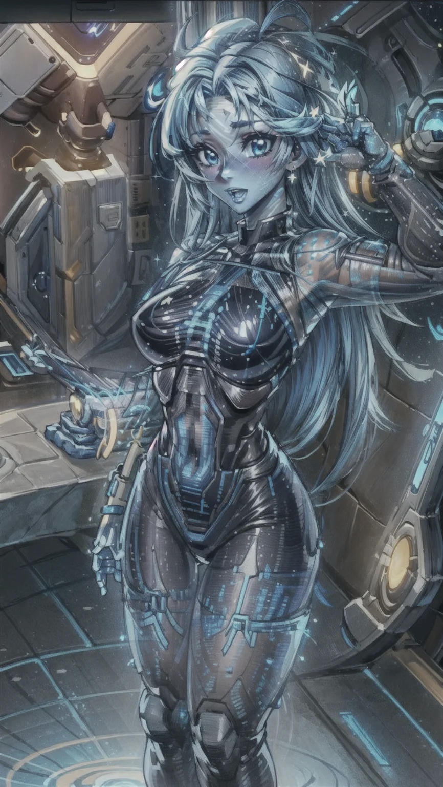 masterpiece, (1girl, cortana), holographic clothing, (((HologramCzar, translucent, translucent skin, blue skin))), BREAK, <lora:translucent_skin:1>
space station, <lora:Hologram:1> <lora:cortana_xl_v1:1> <lora:add_detail:1>, masterpiece, best quality, hyperrealistic, extremely detailed, highly quality, 4k, sharp focus, professional photograph, sharp focus, award winning, cinematic lighting, octane render, unreal engine, volumetrics dtx, Wallpaper,