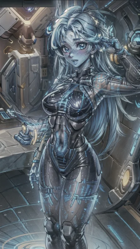 masterpiece, (1girl, cortana), holographic clothing, (((HologramCzar, translucent, translucent skin, blue skin))), BREAK, <lora:translucent_skin:1>
space station, <lora:Hologram:1> <lora:cortana_xl_v1:1> <lora:add_detail:1>, masterpiece, best quality, hyperrealistic, extremely detailed, highly quality, 4k, sharp focus, professional photograph, sharp focus, award winning, cinematic lighting, octane render, unreal engine, volumetrics dtx, Wallpaper,