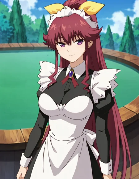 score_9,score_8_up,score_7_up,score_6_up,score_5_up,score_4_up,1girl, <lora:venice:0.75> venice,very long hair,big breasts,ponytail, hair ribbon,maid headdress,white long apron,made apron,black innerwear,long skirt,anime screencap,smile,upper body
