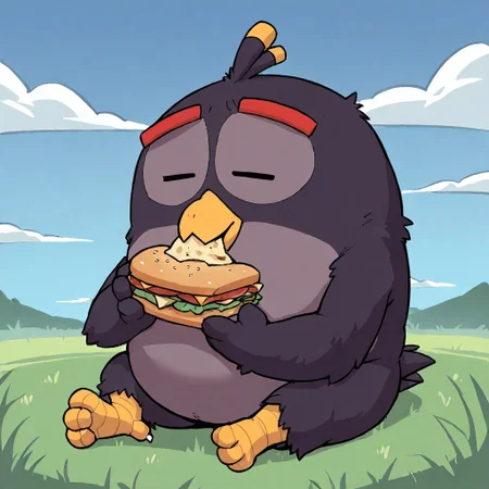 bomb_bird, score_9, score_8_up, score_7_up, score_6_up, score_5_up, score_4_up, source_furry, hi res, sfw. 2D artwork
black avian, black plumage, large size, spherical body, grey belly, chubby, beak, head tuft, red eyebrows, short beak, large beak, feathered hands, winged arms, stubby legs, small eyes, open eyes

Eating, eating a sandwich, holding an object, holding food, eating, relaxed expression, sitting.
Grass, blue sky, clouds.
