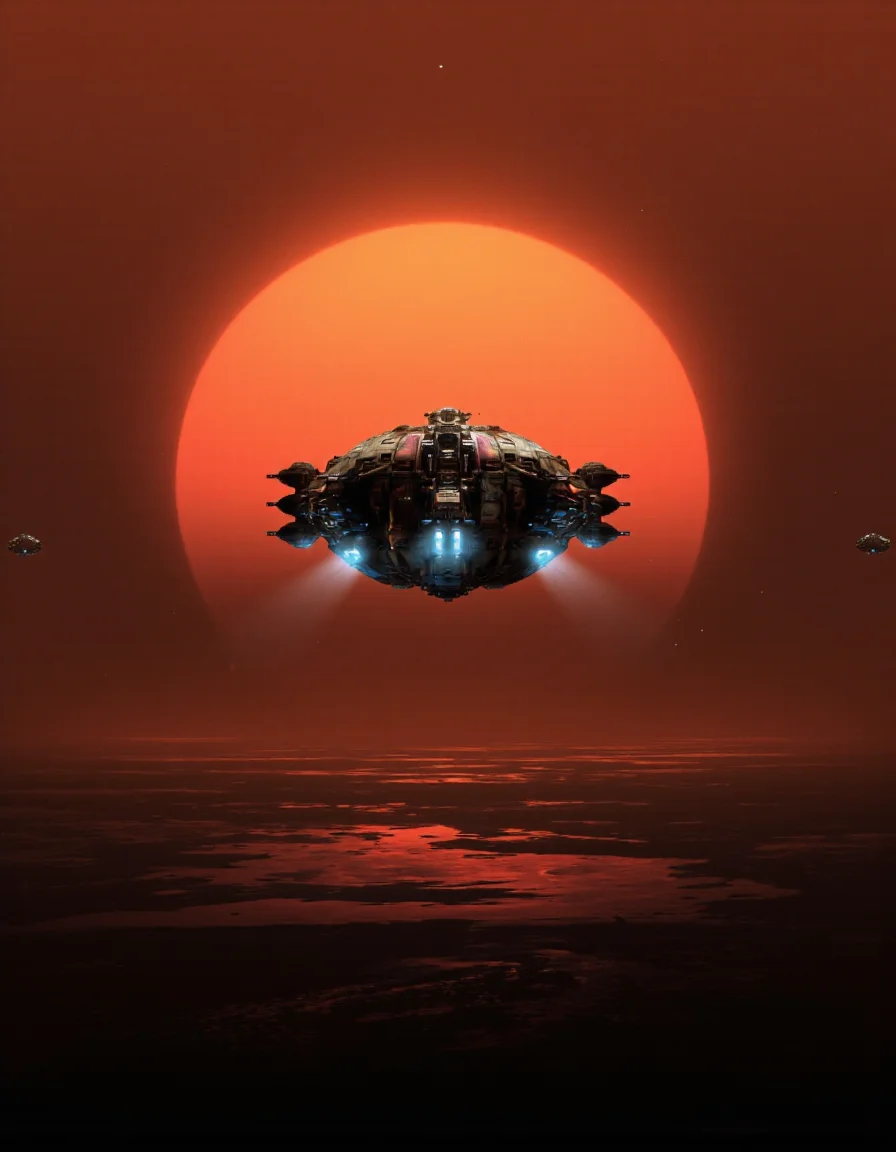 QuantumZ.
Art by Col Price & By Paul Chadeisson.
A photo-realistic shoot from a far camera angle about a futuristic spaceship flying over a distant planet during a massive, intense sunset. the image also shows a stunning view of the planet from space, with a large, glowing, orange-red sun in the background and a distant, starry sky. in the foreground, a spaceship with blue lights appears to be in the middle of the image, with its sleek, futuristic design and intricate details visible. the spaceship is positioned in the center of the frame, with the planet stretching out in front of it. the planet is filled with a vast expanse of dark, reddish-orange hues, with no visible clouds or other celestial bodies. the sky is also filled with stars, creating a dramatic contrast with the bright orange and red hues of the sun. the overall scene is one of awe and wonder at the vastness of space.