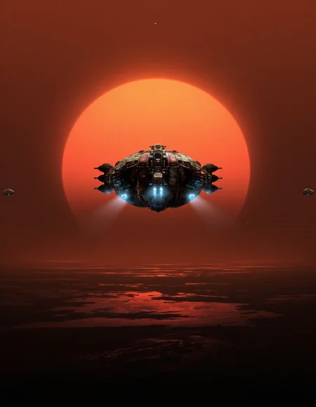 QuantumZ.
Art by Col Price & By Paul Chadeisson.
A photo-realistic shoot from a far camera angle about a futuristic spaceship flying over a distant planet during a massive, intense sunset. the image also shows a stunning view of the planet from space, with a large, glowing, orange-red sun in the background and a distant, starry sky. in the foreground, a spaceship with blue lights appears to be in the middle of the image, with its sleek, futuristic design and intricate details visible. the spaceship is positioned in the center of the frame, with the planet stretching out in front of it. the planet is filled with a vast expanse of dark, reddish-orange hues, with no visible clouds or other celestial bodies. the sky is also filled with stars, creating a dramatic contrast with the bright orange and red hues of the sun. the overall scene is one of awe and wonder at the vastness of space.