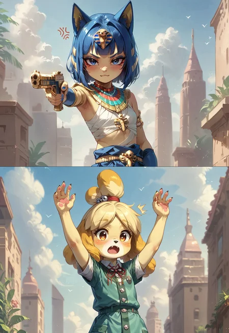 score_9, score_8_up, score_7_up, 1girl, Ankha, source_furry, blue hair, naughty smirk, blush, fang out, cat girl, yellow blue tail, holding gun, dutch angle, cute, young, expressiveH, anger, on battleground, solo, city, clouds, yellow skin, hand in pocket, hkwarrior, dynamic pose, claw, aiming,