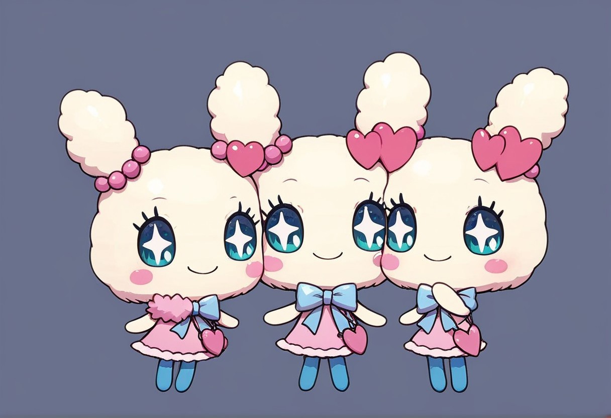 score_9, score_8_up, score_7_up, Tamagotchi, Lovelitchi, ear beads, blue pantyhose, pink DRESS, PINK HEART BAG, blue ribbon, cute, kawaii, chibi, fluffy body, full body, glossy skin, shiny skin, simple background, bright colors, simple shading, smiling, happy, multiple girls, trio, 3girls