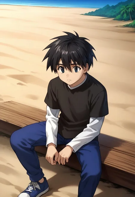 score_9, score_8_up, score_7_up, source_anime, highly detailed,
ikuto, 1boy, male focus, solo, black hair, hair between eyes, black eyes, shirt, black shirt, white shirt, short over long sleeves, pants, blue pants, sneakers,
outdoor, island, palms, sit, beach
