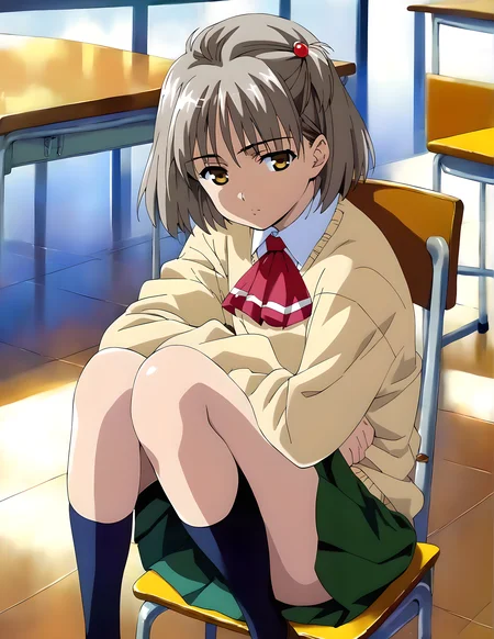 <lora:pony_xl_hitomi:0.8>,hitomi,score_9,score_8_up,score_7_up,source_anime,1girl,hair ornament,school_uniform,yellow sweater,long sleeves,sleeves past wrists,collared_shirt,red ascot,green skirt,black kneehighs,classroom,looking_at_viewer,sitting_on_chair,expressionless,