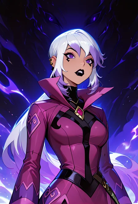 <lora:charmov:1> charmov, long hair, ponytail, , white hair,, 1girl, multicolored hair, purple eyes, ear piercing, two-tone hair, makeup, solo, long sleeves, black lips, purple jacket, long jacket, popped collar, facial expression, dynamic pose,,        <lora:DemonicPowersPony:1> demonic powers, masterpiece, best quality, amazing quality, very aesthetic, absurdres, newest,