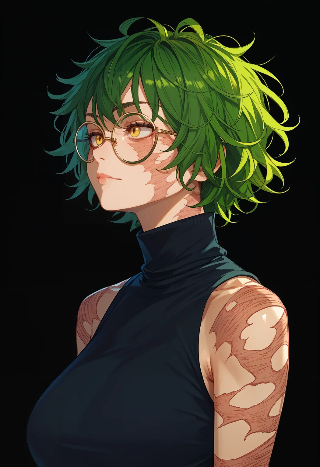 score_9,score_8_up,score_7_up,score_6_up,<lora:maki zenin pdxl goofy:1>maki zenin, 1girl, solo, glasses, scar,large breasts, round eyewear, short hair,messy hair,green hair,yellow eyes,portrait,upepr body,black turtleneck, sleeveless, white background,
