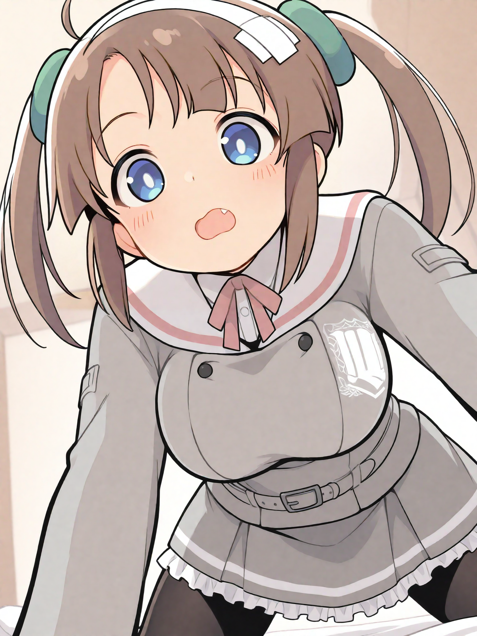 masterpiece, best quality, good quality, masterpiece, best quality, very aesthetic, (tsuvida:0.5)
Minori_IL, blue eyes, brown hair, white hair ornament, green scrunchie, twintails, huge breasts, fang, ahoge, BREAK, Minori_school, school uniform, white sailor collar, grey jacket, black buttons, grey skirt, skirt frills, neck ribbon, grey belt, black pantyhose
solo, all fours, from below, hanging breasts, bed, looking at you
<lora:Minori_IL:1>
<lora:ponyv5_noobE11_1_adamW:0.7>
<lora:ai_styles_collection_noob_vpred-0.6_v3:0.5>