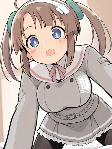 masterpiece, best quality, good quality, masterpiece, best quality, very aesthetic, (tsuvida:0.5)
Minori_IL, blue eyes, brown hair, white hair ornament, green scrunchie, twintails, huge breasts, fang, ahoge, BREAK, Minori_school, school uniform, white sailor collar, grey jacket, black buttons, grey skirt, skirt frills, neck ribbon, grey belt, black pantyhose
solo, all fours, from below, hanging breasts, bed, looking at you
<lora:Minori_IL:1>
<lora:ponyv5_noobE11_1_adamW:0.7>
<lora:ai_styles_collection_noob_vpred-0.6_v3:0.5>