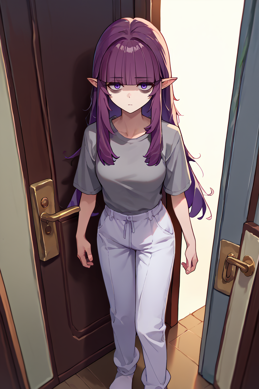 score_9, score_8_up, score_7_up, score_6_up, source_anime, 1girl, solo, <lora:eta-pdxl-nvwls-v1:1> eta, purple hair, blunt bangs, long hair, medium breasts, pointy ears, grey t-shirt, white pants, looking at you, tired, bags under eyes, doorway, from above, medium breasts