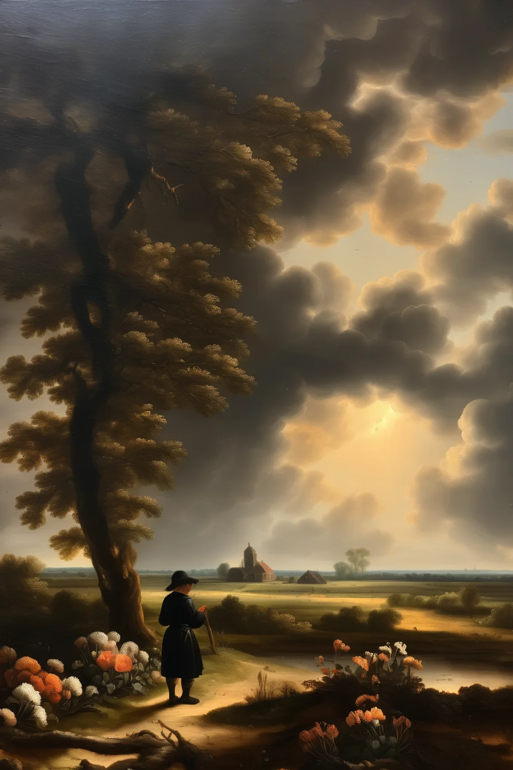 <lora:Salomon van Ruysdael Style:1>Salomon van Ruysdael Style - Dutch Old Master style landscape painting, a wide field of flowers, a tree in the foreground, beams of light are coming through the clouds, in the distance a young man dressed in all black clothing is kneeling and praying, 4k