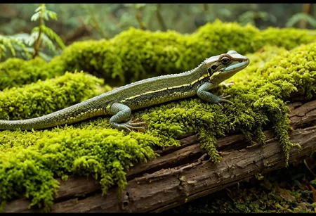 Cinematic, Cinematic Lighting, Cinematic Shot, extremely detailed, Film Still, macro photography, depth of field, high detail, hires textures, incredibly detailed, intricate details, intricate diorama, masterpiece, Movie Still, outstanding intricacies, photorealism, true masterpiece, fountain background, glamourous, Stately, lizard, skink, Plestiodon, cry5t415ku11, Pacific Northwest conifer forest, sitting beneath a rotten log with mold and moss.