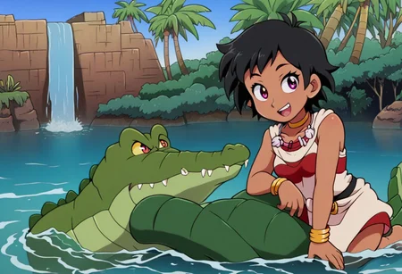 Tick tock crocodile,male animal focus,tail, crocodile , crocodile mouth open,smile ,green skin, blue eyes, Tick Tock the crocodile is giant and very huge size,teeth, crocodile swimming and submerged in the water,Tick Tock the crocodile looking Choi_mochimazzi,Choi_mochimazzi an anime girl, 1girl, looking at viewer, smile, short hair, Choi_mochimazzi sitting down on the crocodile belly,Choi_mochimazzi IS her very little size. Base - choim, short hair, black hair, red eyes, dark-skinned female,purple eyes, Base Outfit - dress, jewelry, dark skin, necklace, bracelet, wristband, neck ring, anklet, barefoot,river,palm trees, jungle, tropical _island,village, temple,Disney, waterfall,retro_anime, manga,tamako_market