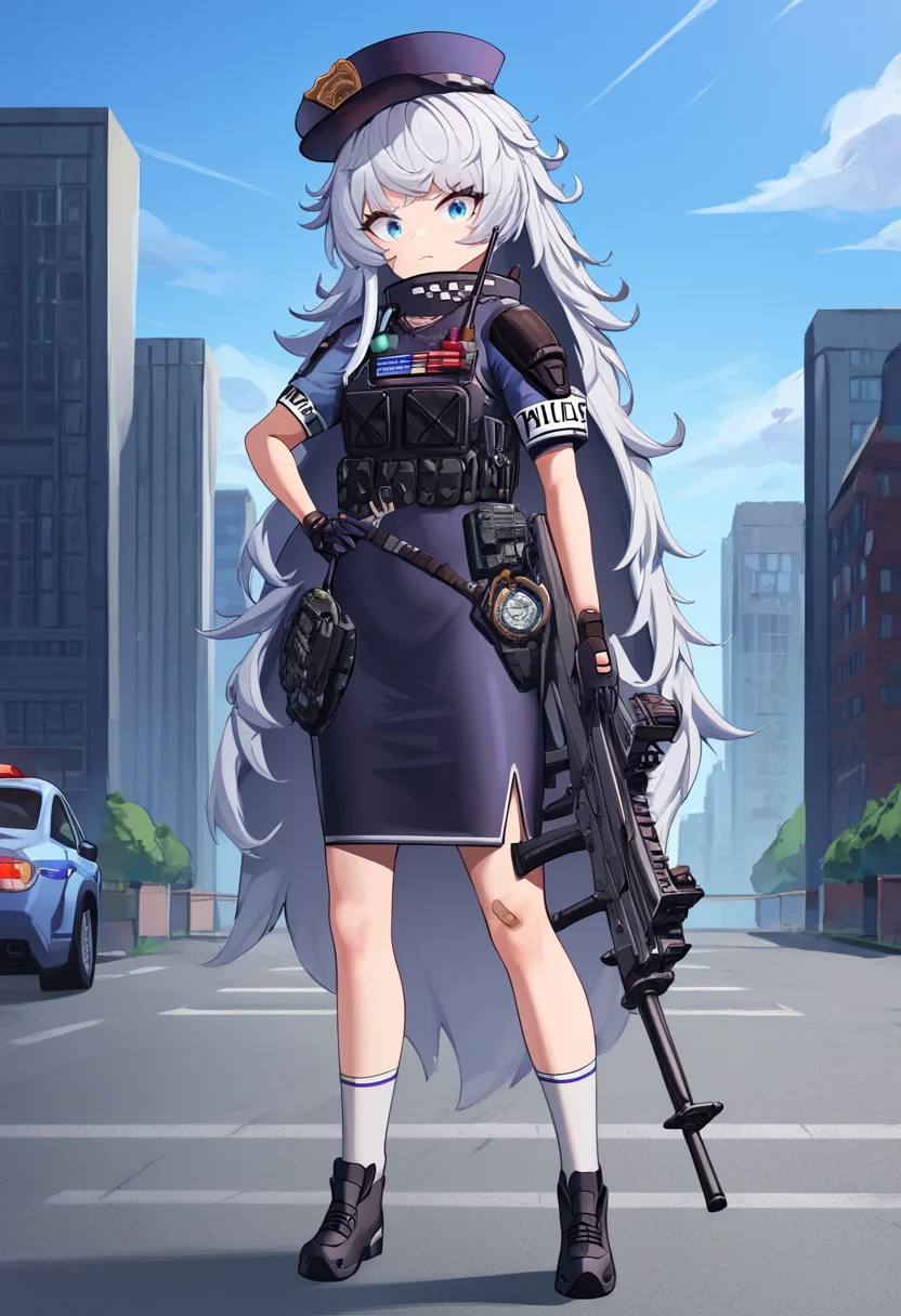 score_9,score_8_up,score_7_up, rating_general, masterpiece, source_anime, zPDXL2, city background, exterior, new york city, police car, police siren, police light, BREAK, <lora:Poli-000005:1>, zpoliorigin, 1girl, zpolia_outfit, solo, long hair, looking at viewer, bangs, blue eyes, skirt, gloves, hat, white background, holding, very long hair, closed mouth, standing, full body, weapon, white hair, short sleeves, shoes, black gloves, socks, black skirt, black footwear, holding weapon, hand on hip, holding polipoli_rifle, white socks, holding gun, bandaid, rifle, handgun, pencil skirt, assault rifle, police, bandaid on leg, police uniform, bandaid on knee, policewoman, holstered weapon, walkie-talkie