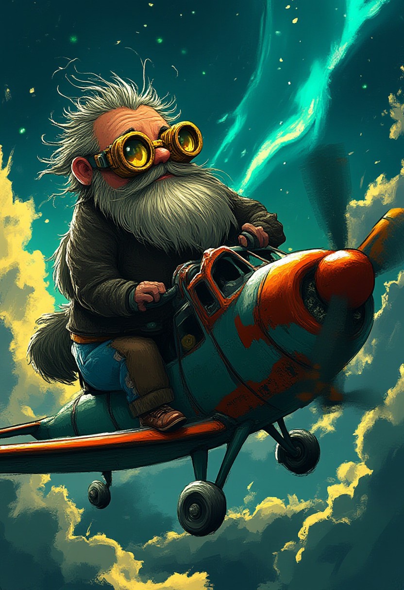 A whimsical illustration of a lanky bearded man with brass welding goggles in dark whimsical art style, perched on peculiar propeller plane, flying through glowing clouds and northern lights, digital painting with expressive brushstrokes showing wild beard and metallic goggle straps, twilight sky background, characteristic Tim Burton inspired design with glinting lenses