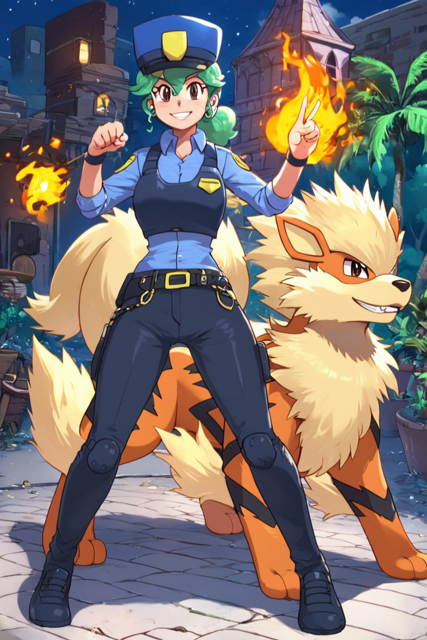 score_9, score_8_up, score_8, medium breasts, (curvy), cute, eyelashes,      ,,,  zzJenny, brown eyes, hair between eyes, green hair, long hair, ponytail, short hair, police uniform, policewoman, shirt, police hat, blue shirt, collared shirt, black pants, arcanine, fiery mane, dog, loyal companion, standing together, protective pose, fierce expression, uniform details, canine hero, action pose, city background, police station, street lights, night scene, dramatic lighting, teamwork  <lora:JennySunMoonPDXL:1.0>,   zzArcanine, <lora:Arcanine_Pokemon_PDXL:0.8>,  ,,, smile, looking at viewer,  ,,, embedding:zPDXL, Expressiveh, <lora:SDXLFaeTastic2400:0.5>,  <lora:Expressive_H-000001:0.4>,