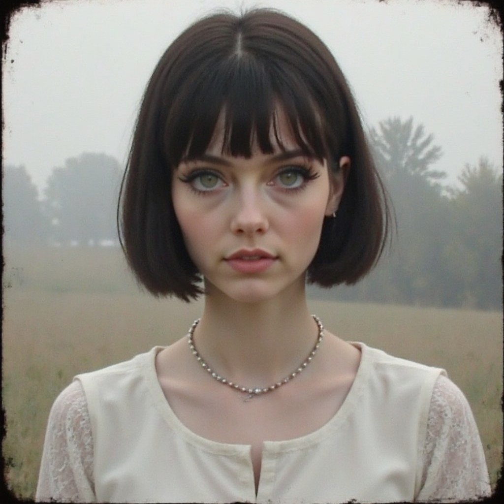1woman,medium hair,bob cut,black hair,green eyes,white dress,necklace,Subtle vignetting,Muted tones,Overcast lighting,Light bleed,Faded edges