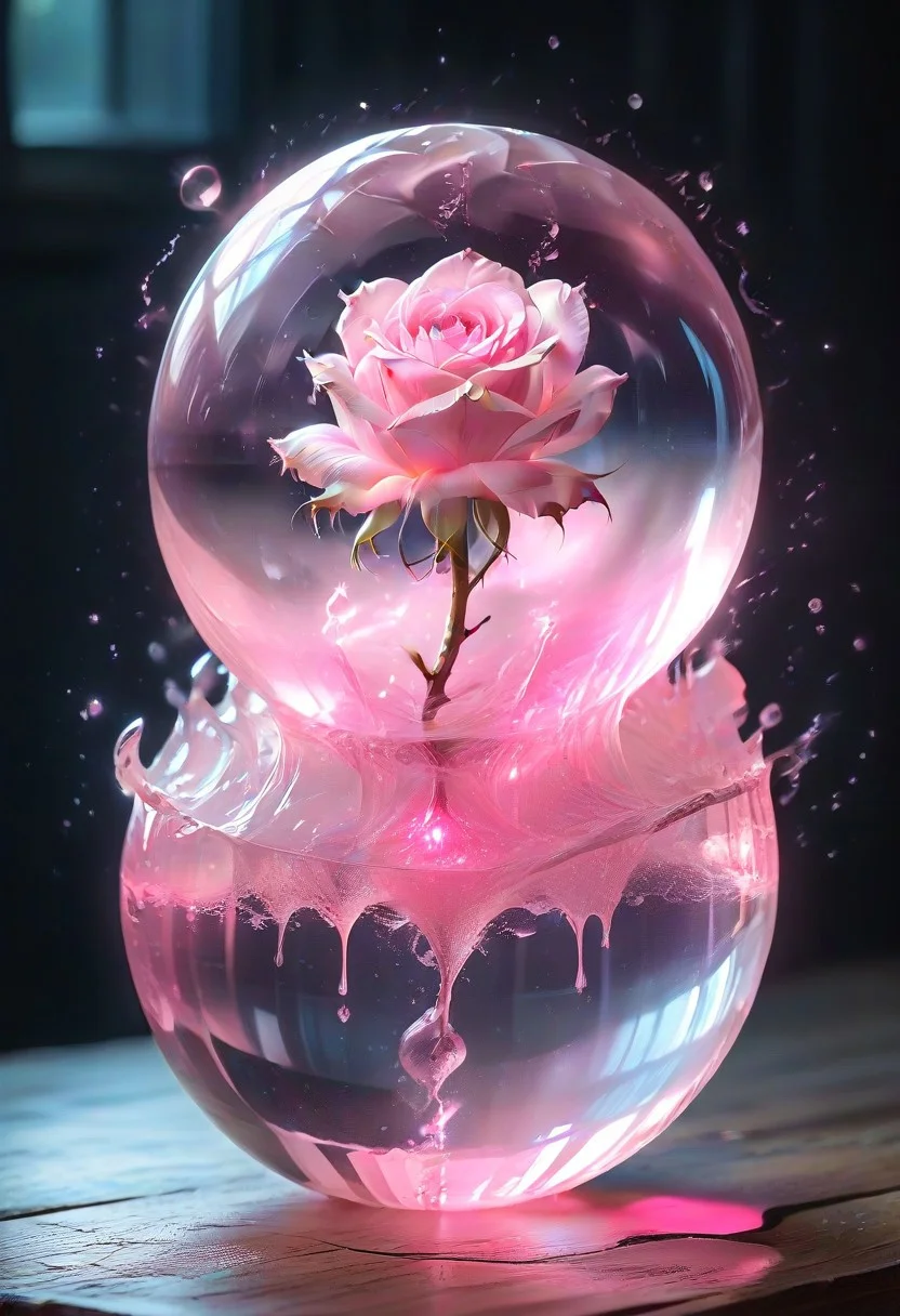 (masterpiece), best quality, (Floating Sphere, Crystal, Magic, Reflection, Melting, Dripping, Pink Rose), Black Background, No Humans, Starry Theme, (Light Refraction), White and Pink Theme, Natural Lighting, Verynsty,(Particles, aura, steam)