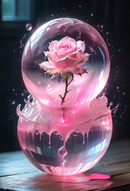 (masterpiece), best quality, (Floating Sphere, Crystal, Magic, Reflection, Melting, Dripping, Pink Rose), Black Background, No Humans, Starry Theme, (Light Refraction), White and Pink Theme, Natural Lighting, Verynsty,(Particles, aura, steam)