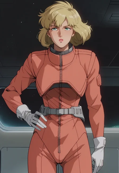 score_9, score_8_up, score_7_up, score_6_up, anime screencap, anime coloring, <lora:G0083NP:0.9>, G0083NP, blonde hair, short hair, green eyes, lipstick, red spacesuit, grey gloves, grey belt, grey footwear,
cowboy shot, standing, hand on own hip, looking at viewer, 
BREAK, space, black background, star \(sky\), indoors,