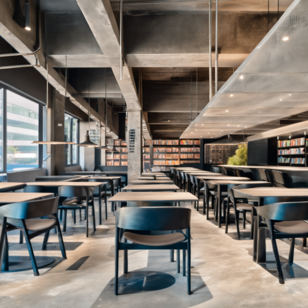 mrares,indoors,bookstore,concrete,industrial,mrares,a room with a lot of tables and chairs and a book shelf with books on it and a lot of books on the shelves,<lora:bookstore-xl:1>,