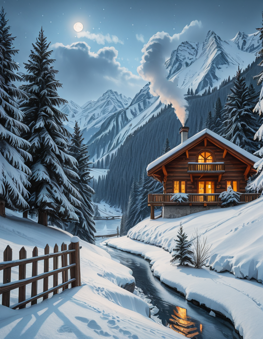 A stunning winter scene in the Tyrol region of Austria. A charming wooden chalet with traditional alpine architecture stands on a gentle snow-covered slope, surrounded by dense evergreen forests blanketed in fresh snow. The chaletâs warm interior lights glow softly through its large windows, creating a cozy contrast against the cool twilight hues of the sky. A plume of smoke drifts from the chimney, hinting at a roaring fireplace inside. In the foreground, a small wooden fence is partially buried under the snow, while a frozen river winds through the valley, reflecting the moonlight. Towering, snow-capped peaks of the Austrian Alps dominate the background, adding a breathtaking sense of grandeur. Snowflakes gently fall, adding movement and depth to the peaceful, picturesque scene. The image is hyper-realistic, capturing the intricate textures of the wood, snow, and ice, with cinematic lighting that highlights the magical winter ambiance.
<lora:SDXLFaeTastic2400:0.4> <lora:extremely_detailed:0.4> extremely detailed,winter scene in the Tyr0l, <lora:winter_scene_in_the_Tyr0l-i:1>, Masterpiece,best quality,hi res,8k,hi res,8k,award winning,(sharp focus, intricate, highly detailed),