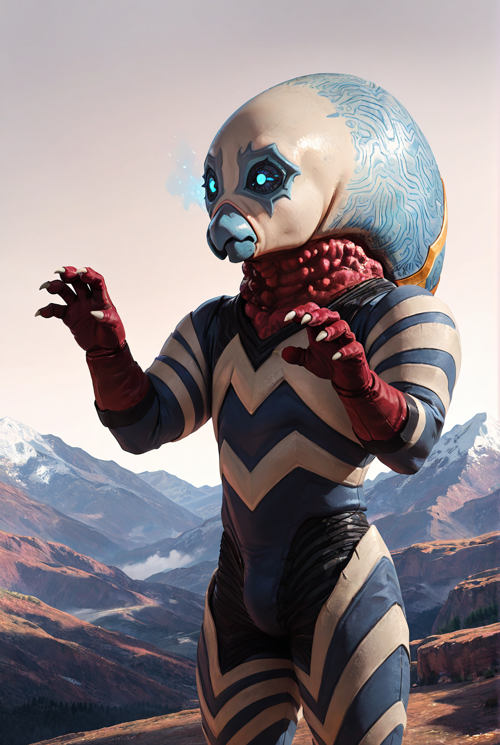 very awe,aesthetically pleasing,masterpiece,best quality,amazing quality,very aesthetic,ultra-detailed,high resolution,8k,1boy,solo,cowboy shot,male focus,detailed face,alien,no humans,gloves,blue eyes,red gloves,glowing eyes,giant,mountain, claw pose,<lora:Alien Guts:0.7>,alien guts,