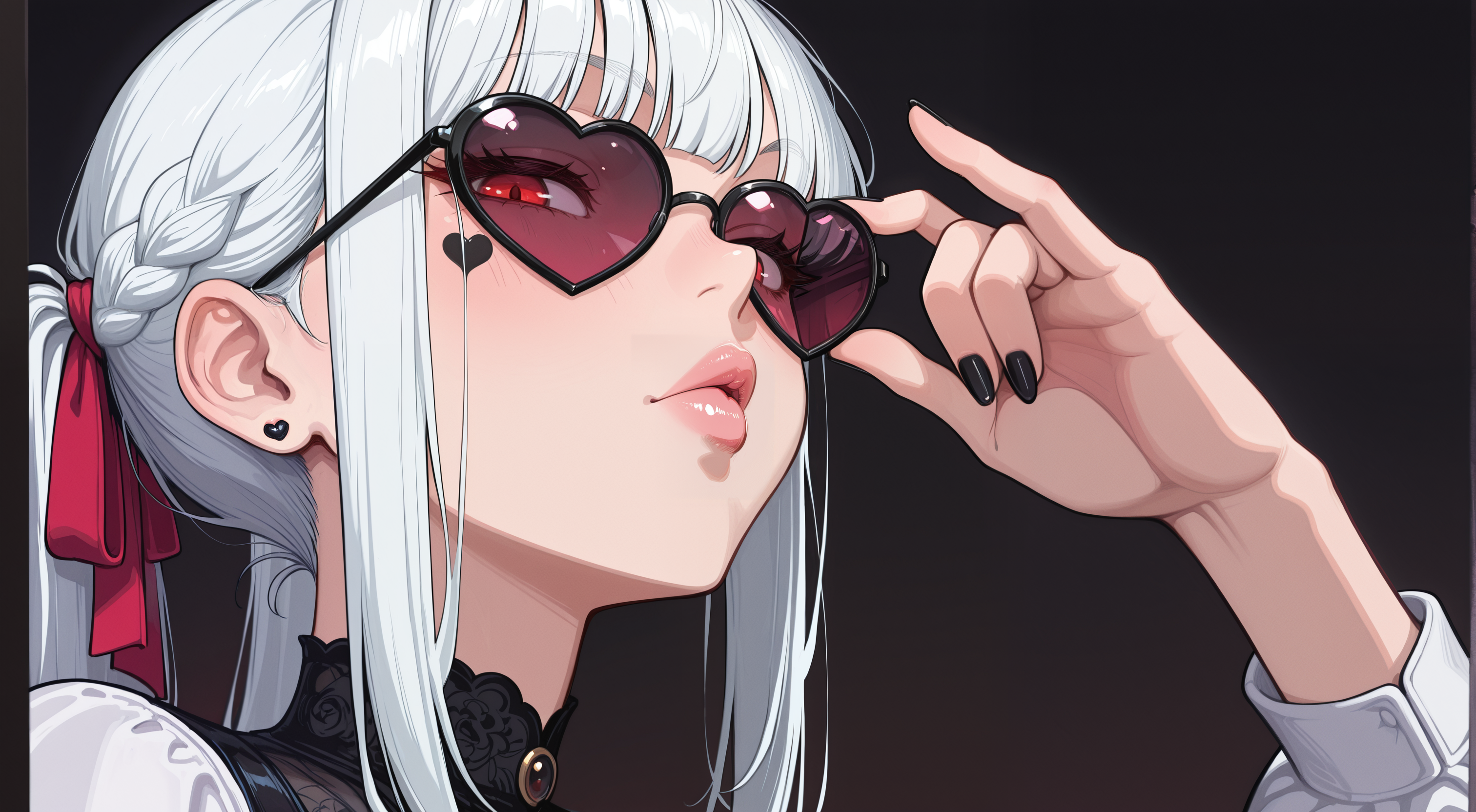 <lora:LeIsT0_style:0.4> LeIsT0_illu, <lora:TechnobrakeIllustrious:0.4> technobrake, <lora:noill:0.4> noill, <lora:Sinozick_style:0.4> Sinozick_illu, safe_pos, masterpiece, best quality, newest, highres, absurdres, dynamic lighting,
simple background, smoky background, dark background,
face close-up, face focus,
1girl, white hair, heart shaped eyewear, long hair, bangs, adjusting eyewear, hand up, red eyes, black nailpolish, black lipsick, side eye, looking at viewer, head tilt, puckered lips