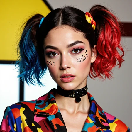 Create a photorealistic masterpiece featuring a striking young woman. She should embody a bold Neo-Gothic aesthetic, showcasing dramatic makeup that emphasizes her features with intricate designs. Her hair should also reflect this style, incorporating bold colors and unique shapes that capture attention.
Dress her in a vibrant, Pop Art-inspired outfit that combines modern fashion elements with playful, eye-catching patterns and colors. The outfit should be ultra-detailed, highlighting textures and layers that enhance the overall visual impact.
Ensure the composition is in high resolution (4K or 8K) to capture every detail, from the intricate facial designs to the vibrant colors of her attire. The final image should be a stunning representation of contemporary fashion, blending Neo-Gothic and Pop Art influences in a way that is both striking and memorable.