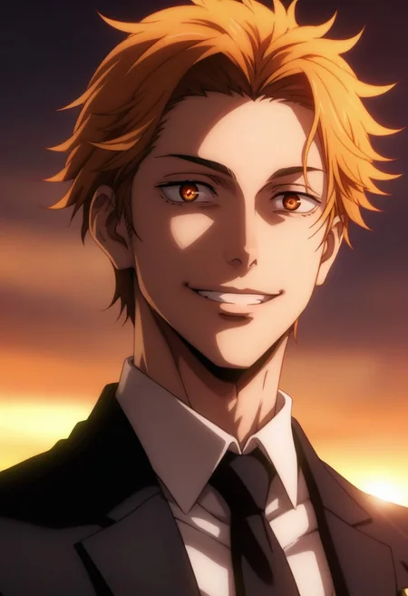 score_9, score_8_up, score_7_up, source_anime, intricate details, expressive eyes, anime screencap, perfect balance, official art, extremely detailed CG unity 8k wallpaper, perfect lighting, Colorful, Bright_Front_face_Lighting, (masterpiece:1.0),(best_quality:1.0), ultra high res,4K,ultra-detailed, photography, 8K, HDR, highres, absurdres:1.2, Kodak portra 400, blurry background, bokeh, lens flare, (Anime) (vibrant_color:1.2), professional photograph, night, (good_face:1.2), 2d, anime, upper body, intricate iris, American, Professional character design, 1man, male focus, Fiery Eyes, Orange eyes, expressive eyes, perfect eyes, (Blonde-Orange hair), white dress shirt, black suit, black tie, smile, toothy grin, cheerful, happy, friendly, masculine, solo, jujutsu_kaisen_style, character portrait, (Dramatic, Intense, epic, perfect-lighting, lens flare), face, torso, (checkered backdrop), 
 (black and white checker pattern) (Rengoku Kyojuro) (Demon Slayer Flame Hashira) (forked Eyebrows)