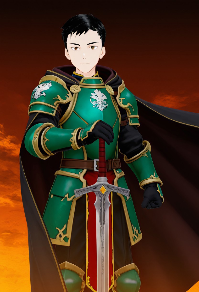 harmard, black hair, short hair, brown eyes, 1boy, solo, solo focus, young, youthful, he is dressed in a suit of dark iron platemail. Break. his right hand is holding up a black coloured sword, Properly holding the sword by the hilt, right hand up, brandishing a sword, his armour bears a crest of a yellow dove. fantasy armour. stylized silver dove emblems and symbols on armour and sheild. Break. epic background is a a beautiful palace. a strong wind is blowing his cape, green coloured armour, ready to fight pose, dawn sky in the background